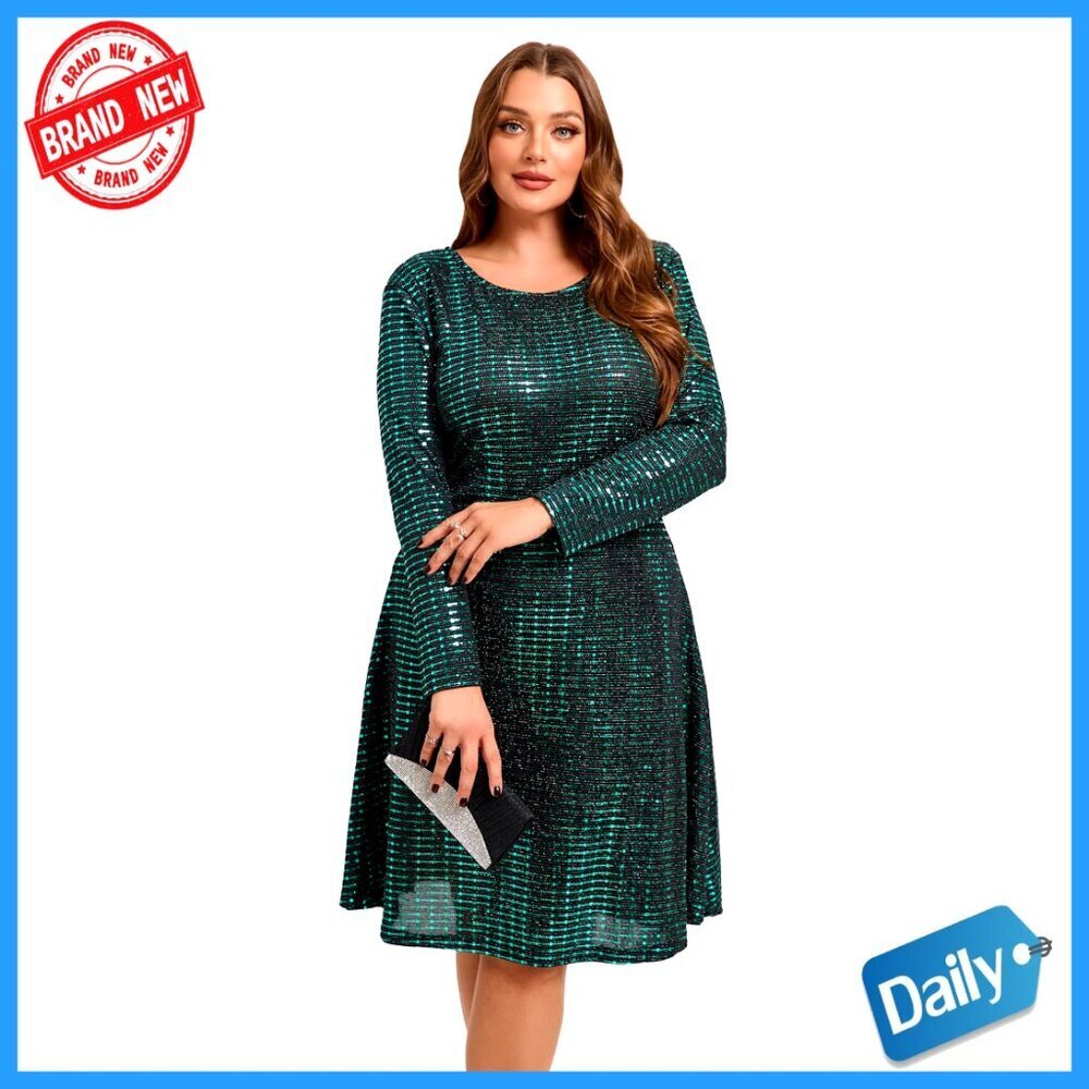 Sparkly Glitter Swing Dress Long Sleeve Scoop Neck Formal Elegant Midi
